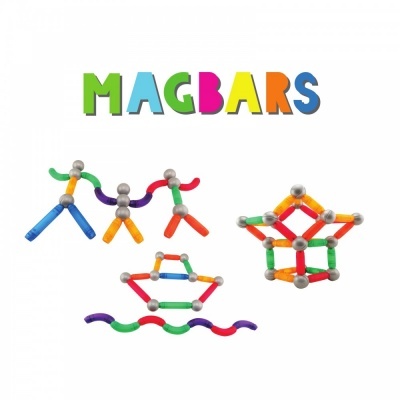Figuras construídas com hastes coloridas e esferas metálicas, palavra MAGBARS colorida no topo