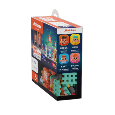 Embalagem do jogo de construção Marionex MINI MOBILITY FUEL STATION com peças coloridas e personagens