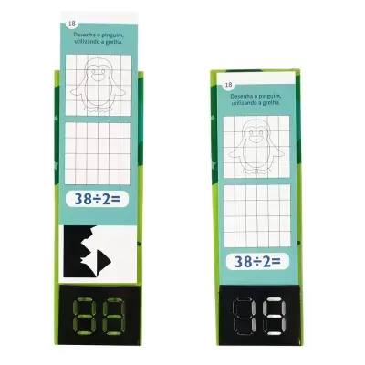 Suportes com folhas para desenhar pinguim usando grelha, exercício 38 ÷ 2, números digitais
