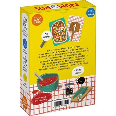 Embalagem de jogo infantil NUM3ROS com pizza e cartas, fundo amarelo