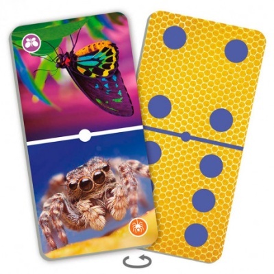 Blocos de dominó coloridos com imagens de uma borboleta e uma aranha, padrão de favo de mel e pontos azuis