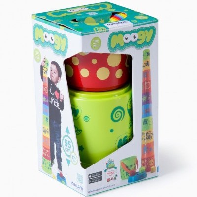 Brinquedo infantil Moogy com blocos coloridos em embalagem