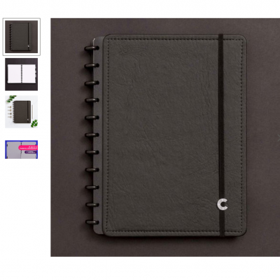 Caderno preto com fecho elástico e argolas pretas