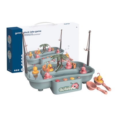 Jogo de pesca infantil com patos de plástico e varas, caixa branca ao fundo