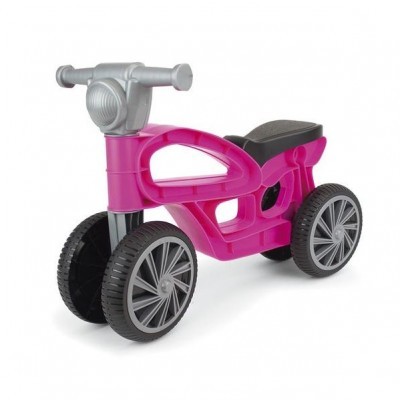 Motociclo de brinquedo rosa com rodas pretas e cinza em fundo branco