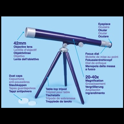 Telescópio azul com tripé de mesa e descrições rotuladas em várias línguas.