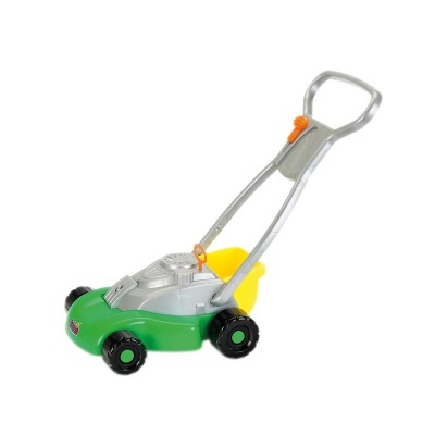 Brinquedo cortador de relva verde com pega prateada e deposito amarelo