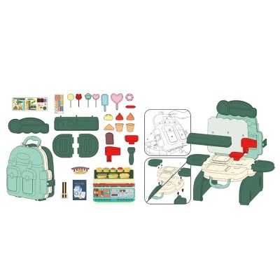 Componentes para montagem de uma mochila verde e acessórios coloridos com instruções de montagem