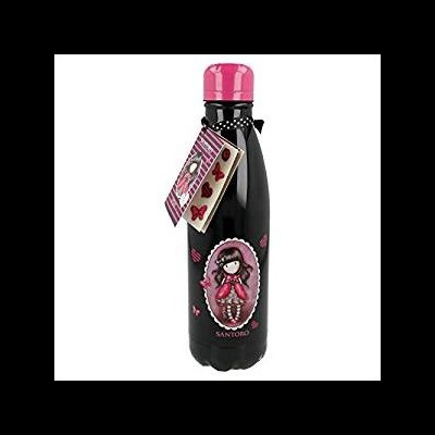 Garrafa térmica preta com tampa rosa e desenho de boneca Gorjuss