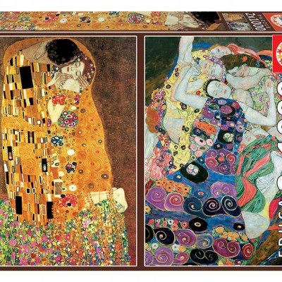 Caixa de puzzle Educa com duas obras de arte coloridas, incluindo um casal e várias figuras femininas