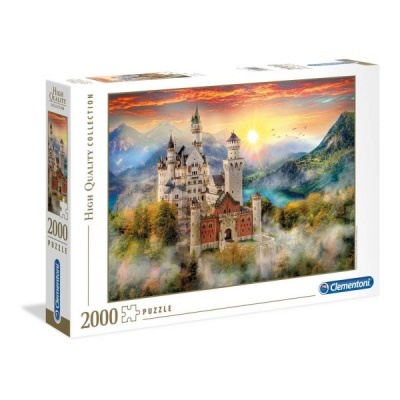 Embalagem de puzzle com imagem de castelo e montanhas ao pôr do sol
