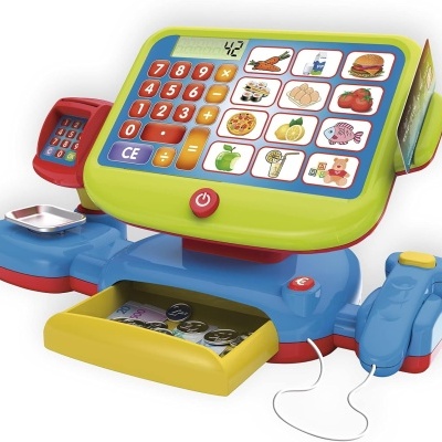 Caixa registadora de brinquedo colorida com teclado numérico, ícones de alimentos, gaveta com moedas, leitor de código de barras e scanner.