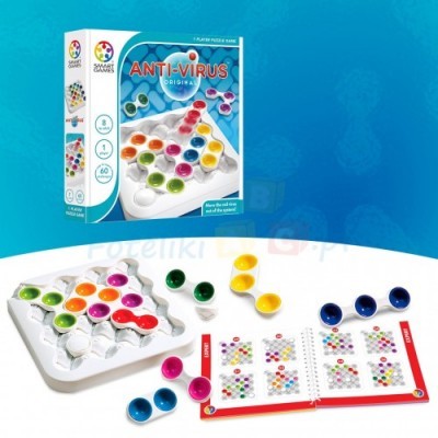 Jogo de tabuleiro com peças coloridas e caixa com título ANTI-VIRUS ORIGINAL