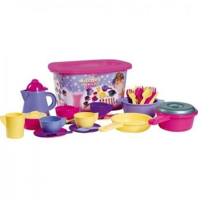 Conjunto de brinquedo de cozinha infantil colorido com vários utensílios e caixa de armazenamento