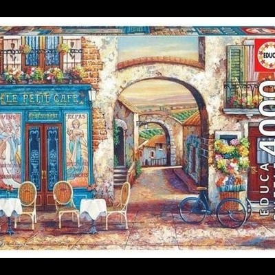 Embalagem de puzzle EDUCA 4000 peças com imagem de café francês e rua pitoresca
