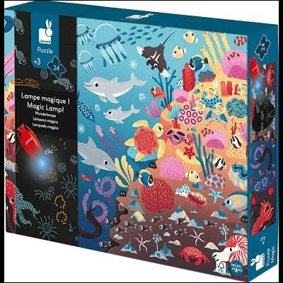 Quebra-cabeças infantil com tema de recife de coral e animais marinhos coloridos, caixa azul Janod