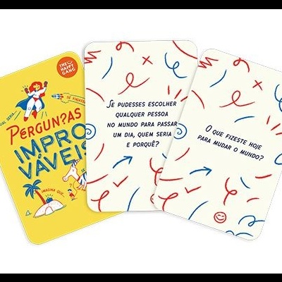 Cartas de jogo 'Perguntas improváveis' com texto e padrões coloridos.