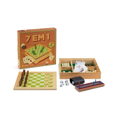 Jogo 7 EM 1 com tabuleiros e peças de jogos em madeira