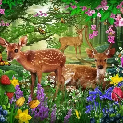 Veados em floresta florida com flores coloridas e borboletas