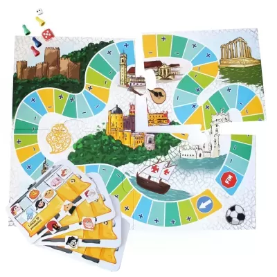 Jogo de tabuleiro colorido com cartas e peões