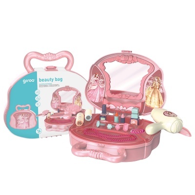 Estojo de beleza infantil cor-de-rosa com espelho e acessórios