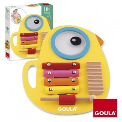 Instrumento musical infantil amarelo com teclas coloridas e baqueta, em forma de pássaro, marca GOULA