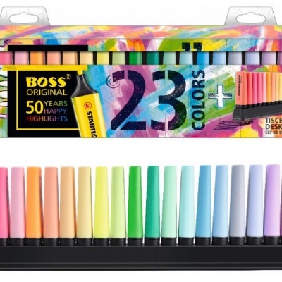 Conjunto de 23 marcadores BOSS ORIGINAL coloridos em suporte preto com embalagem colorida marcada com texto