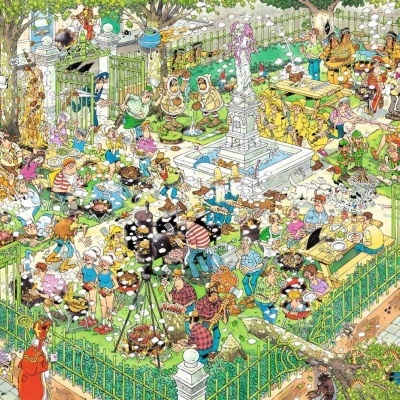 Ilustração colorida de parque com muitas pessoas e obelisco branco no centro