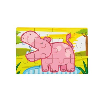 Puzzle infantil com hipopótamo cor-de-rosa num cenário natural