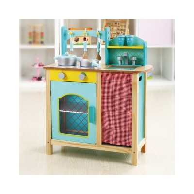 Cozinha de brincar em madeira azul claro, vermelho e natural com forno e acessórios