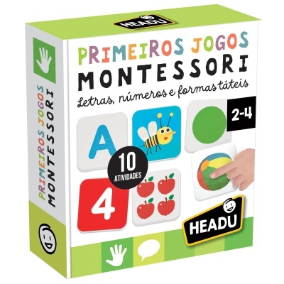 Caixa colorida de jogo educativo Montessori para crianças, com letras, números e formas táteis, indicado para 2 a 4 anos.