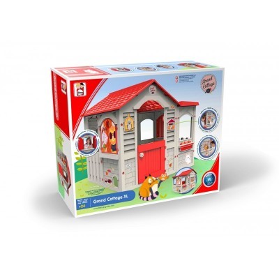 Embalagem do brinquedo casinha Grand Cottage XL com tecto e porta vermelhos e ilustrações de animais