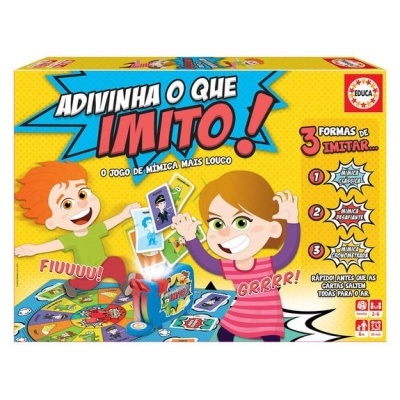 Caixa de jogo de tabuleiro 'Adivinha o Que Imito!' com ilustrações de crianças a brincar