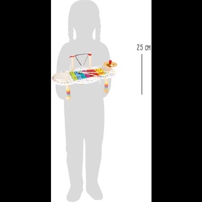 Instrumento musical infantil de madeira colorido com teclado xilofone e pratos de percussão.