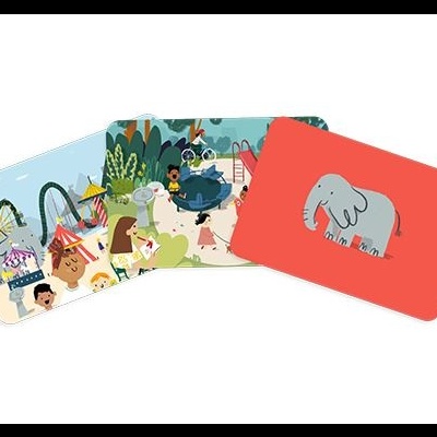 Três cartas ilustradas coloridas, uma com elefante e outras com crianças e animais