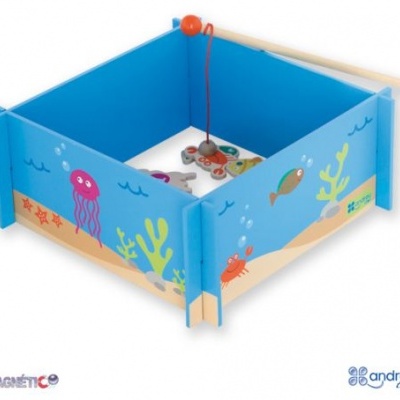 Brinquedo de pesca magnética azul com desenhos marinhos.