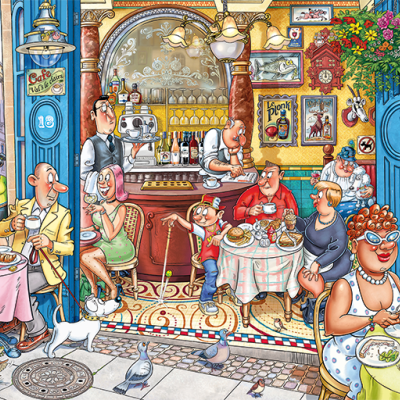 esplanada de café com várias pessoas, flores, letreiro 'CAFÉ 19' e fachada azul