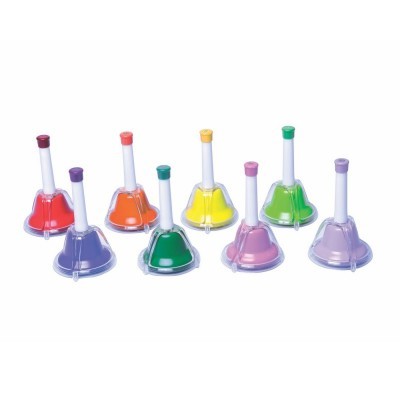 Conjunto de oito sinos coloridos em plástico transparente com alças brancas e tampas coloridas