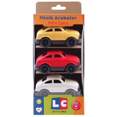 Conjunto de três carrinhos de brinquedo de plástico em amarelo, vermelho e branco embalados