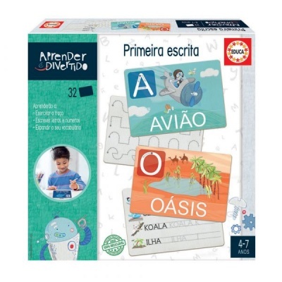Caixa de jogo educativo 'Primeira escrita' com imagens de aviões e oásis para crianças de 4-7 anos