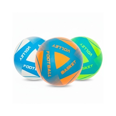 Três bolas desportivas azuis com combinações de branco, laranja e verde