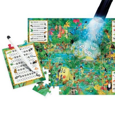 Puzzle colorido temático da selva com caneta e cartas em fundo branco