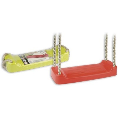 Balanço plástico vermelho com cordas e embalagem amarela com balanço similar