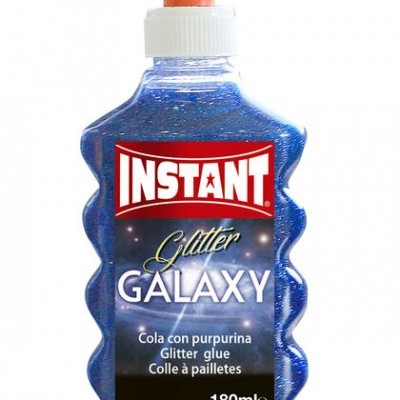 Frasco de cola glitter azul INSTANT Glitter GALAXY com rótulo e tampa roxa