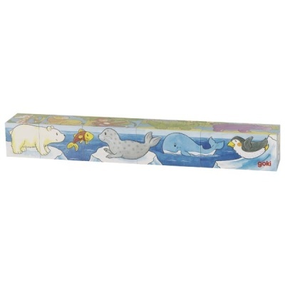 Blocos de madeira com animais polares pintados formando uma imagem, logo goki