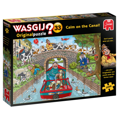 Caixa de puzzle WASGIJ Original 33 Calm on the Canal! com 1000 peças e imagem colorida de canal com barcos, vacas e pessoas