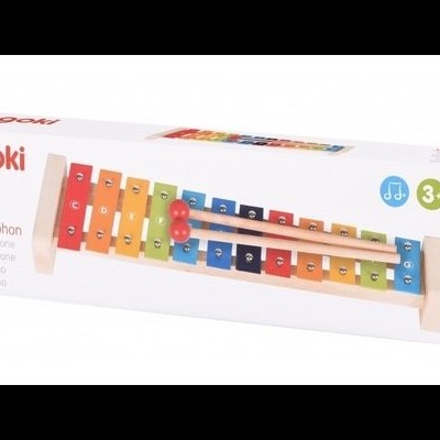 Xilofone multicolorido de madeira em caixa branca com martelos