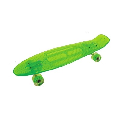 Skateboard verde translúcido com rodas verdes