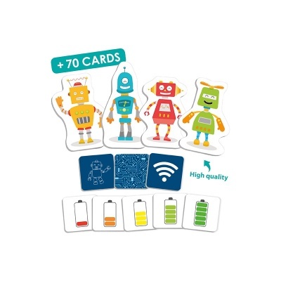 Conjunto de cartas ilustradas com robôs coloridos e símbolos variados