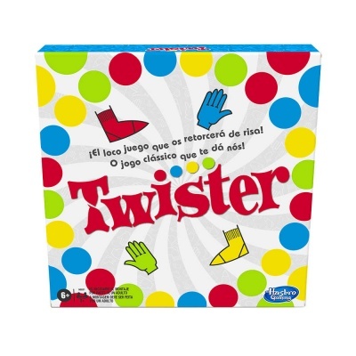 Caixa do jogo Twister colorida com círculos e texto em espanhol e português